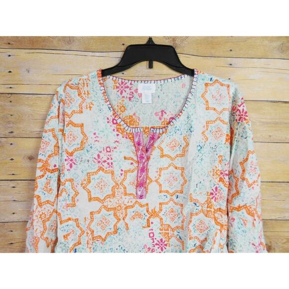 Sigrid Olsen Shirt XL Long Sleeve White Orange Paisley Round Neck Babydoll Boho - Picture 2 of 8